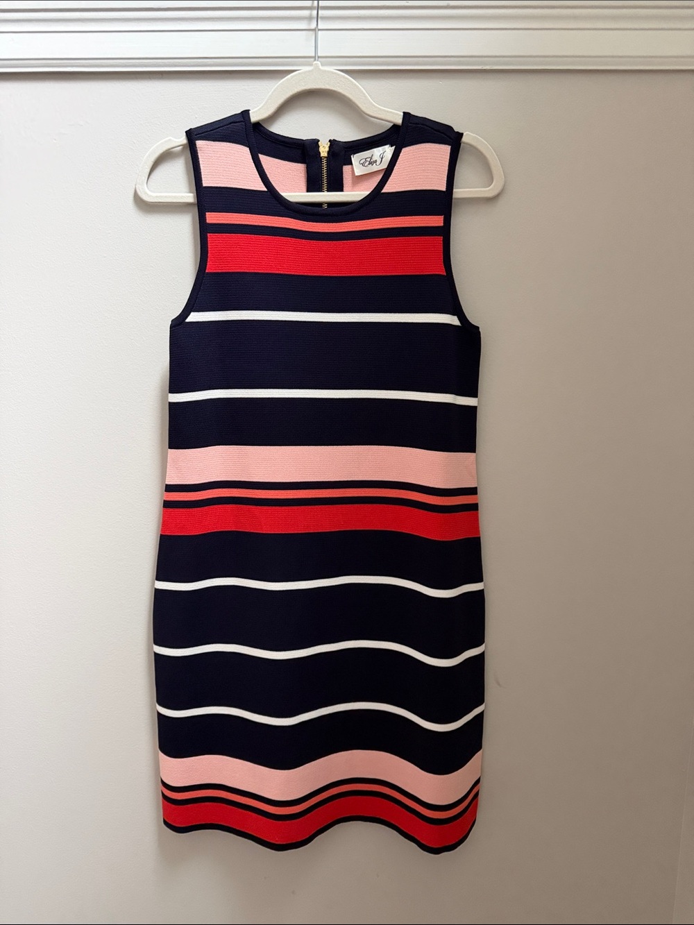 NWOT Eliza J Navy, Pink & Red Sleeveless Striped Shift Dress Sz S